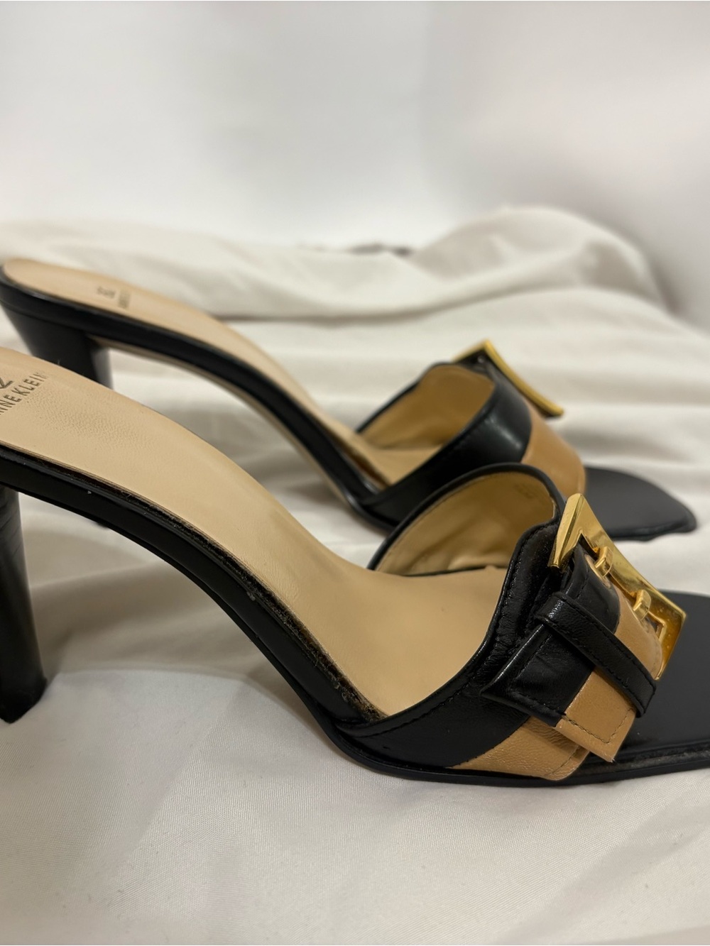 Anne Klein Black and Tan Slide Heels with Gold Buckle